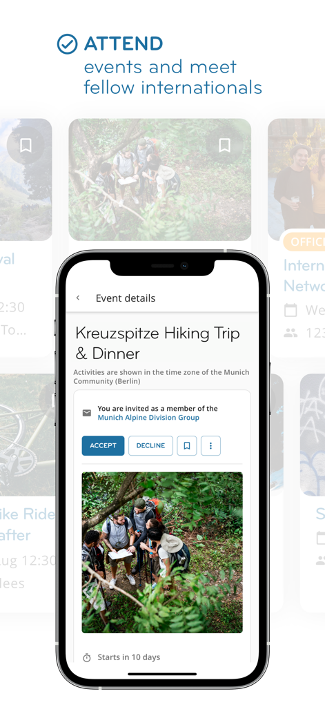 InterNations - Screenshot der InterNations-App mit einer Einladung zu einem Wander-Event für Expats
