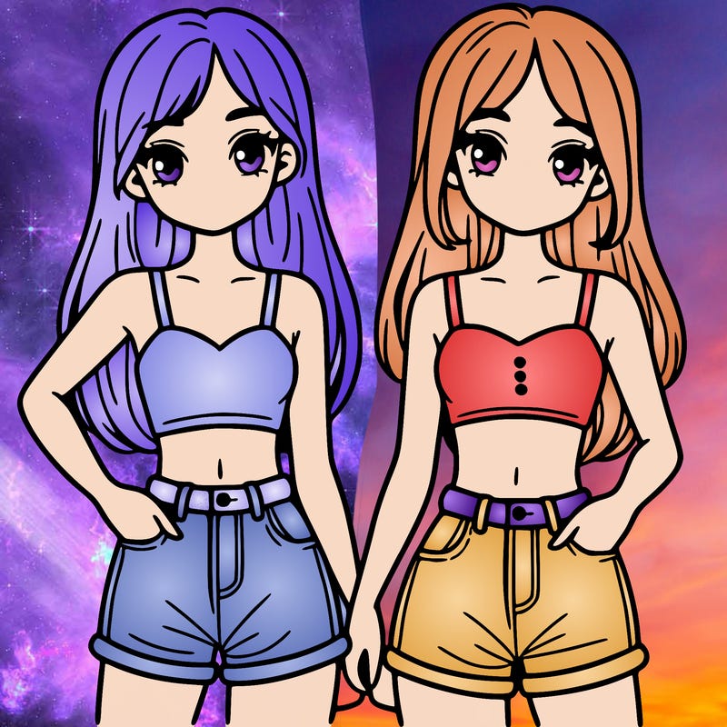 two sisters with crop tops and jean shorts and straight hair