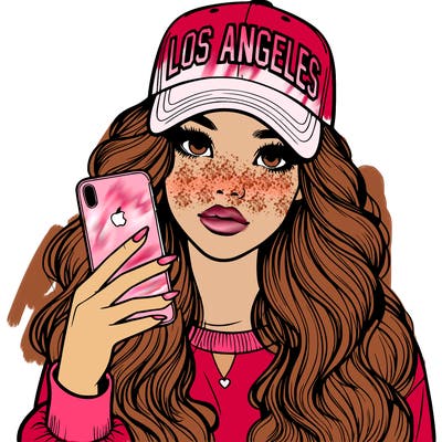 realistic beautiful girl wearing los ángeles cap holding an iphone