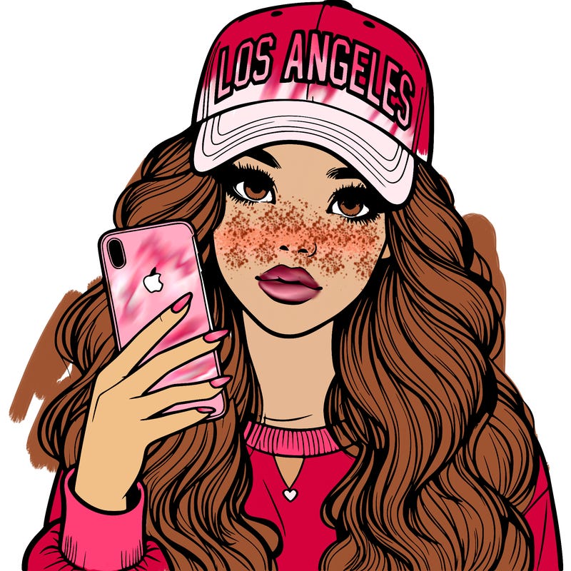 realistic beautiful girl wearing los ángeles cap holding an iphone