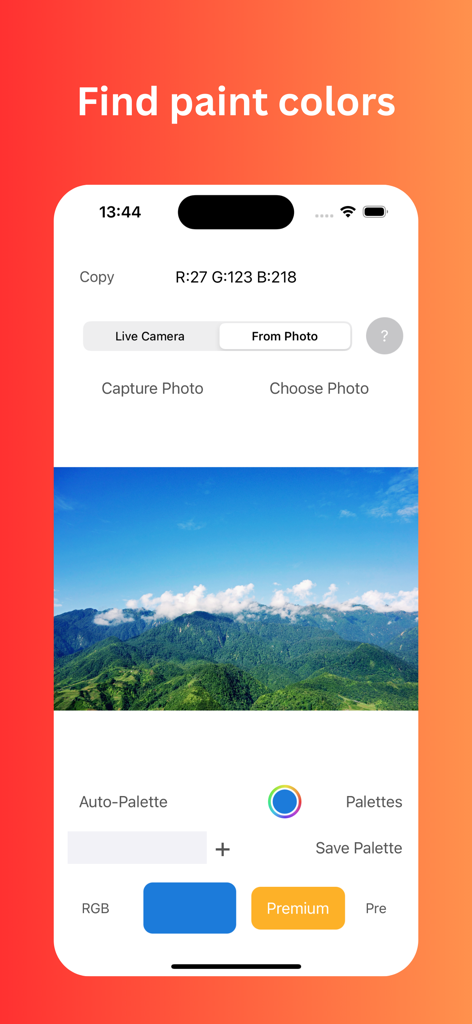 Color Identifier - 풍경 사진에서 페인트 색상 및 RGB 값을 찾는 기능을 보여주는 Color Identifier 앱 스크린샷.