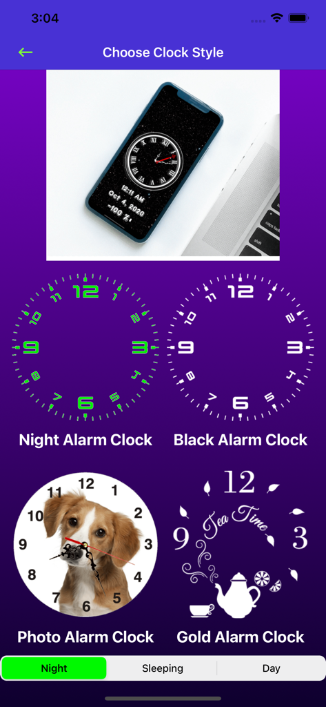 Loud Alarm Clock: Wake up Call - Interfaz para elegir diferentes estilos de reloj, incluyendo esferas analógicas con temas de noche negra y dorada