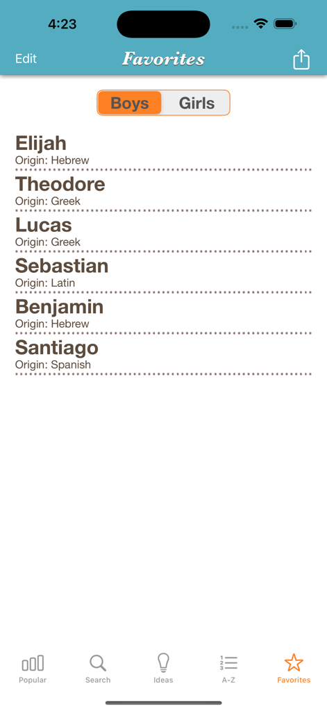 Baby Names™ - List of favorite boy names in the Baby Names app showing names like Elijah and Theodore