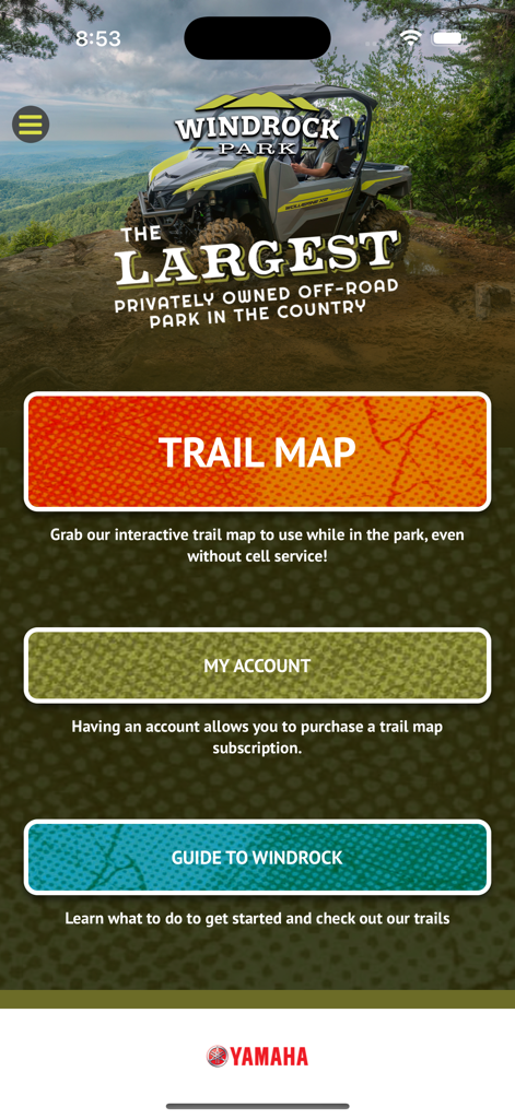 Windrock Park mobile app home screen showing trail map and off-road navigation options