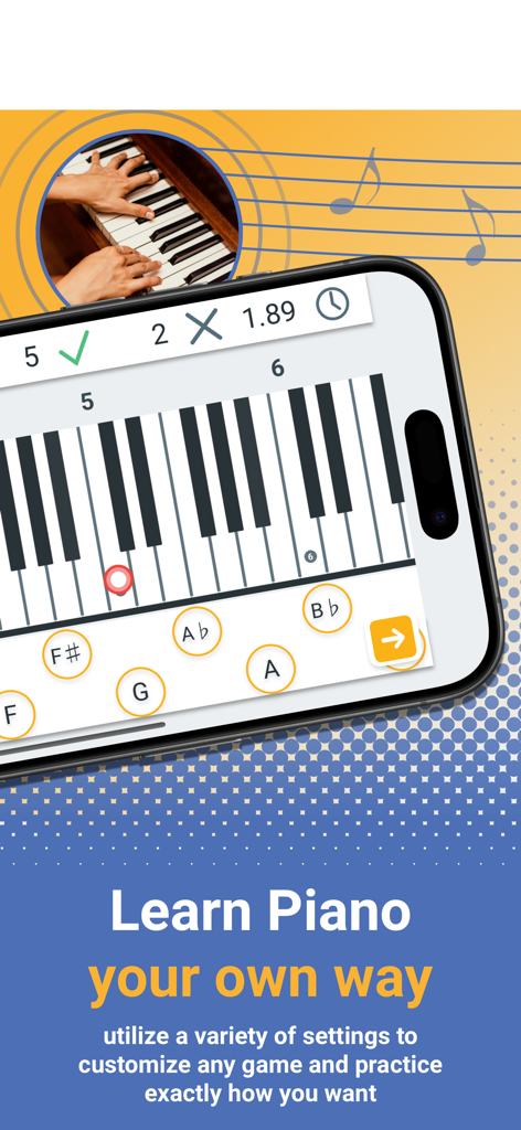 Um smartphone mostrando a interface do aplicativo Pianolytics com um teclado de piano e botões de jogos de identificação de notas.