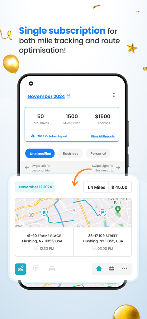 Zeo Route Planner app interface showing mileage tracking and expense reports for delivery professionals