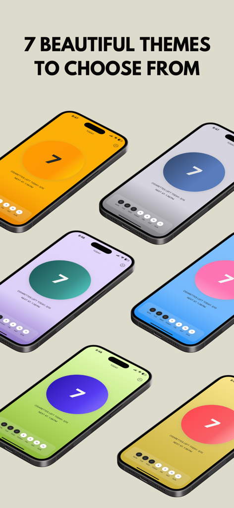 ExSmoke: Quit Smoking Tracker - Seven different colorful UI themes displayed on several iPhones for the ExSmoke app