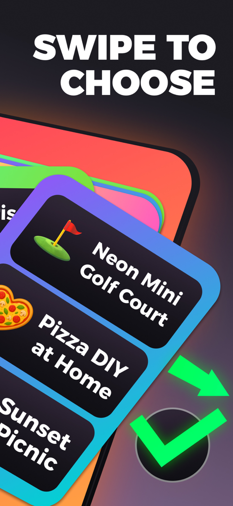 Interface de l'application Lovio montrant des cartes à balayer pour que les couples choisissent des activités de rendez-vous comme le mini-golf et la fabrication de pizza