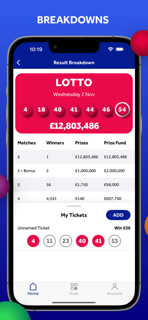 National Lottery Live Scanner - UK Lotto result breakdown screen showing winning numbers and prize winners table