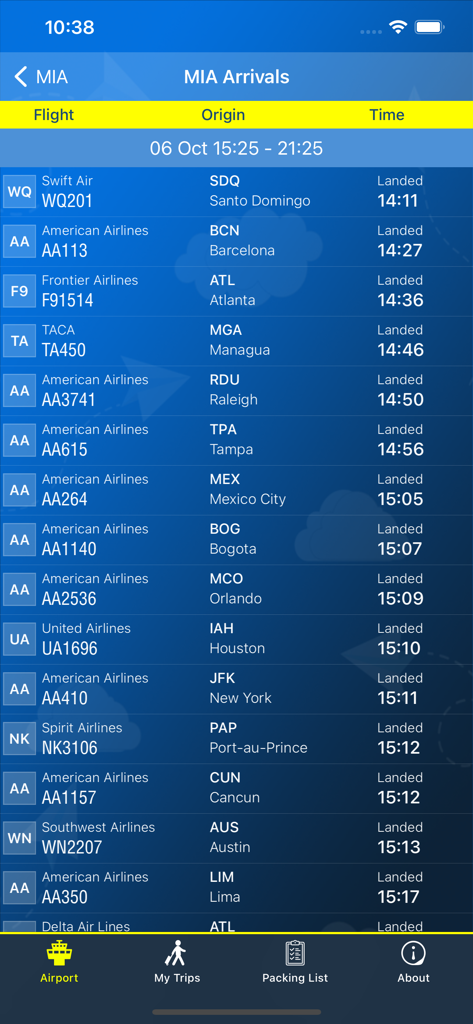 Miami Airport (MIA) + Radar - MIA 공항 실시간 도착 보드로 항공편 현황, 출발지, 도착 시간 표시