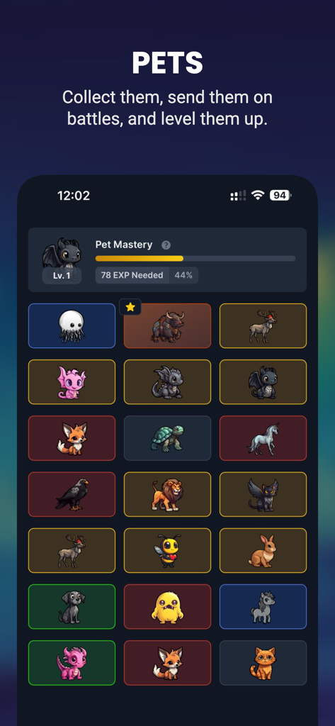 IdleMMO - Online Idle RPG - IdleMMO pets collection screen showing various animal companions and pet mastery progress