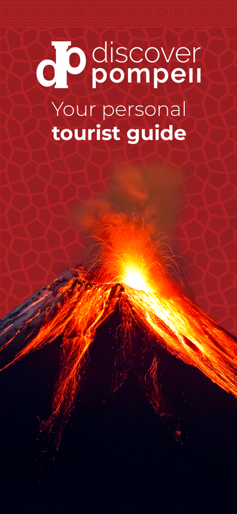 Pantalla de inicio de la aplicación Discover Pompeii con un volcán en erupción y el texto Tu guía turística personal
