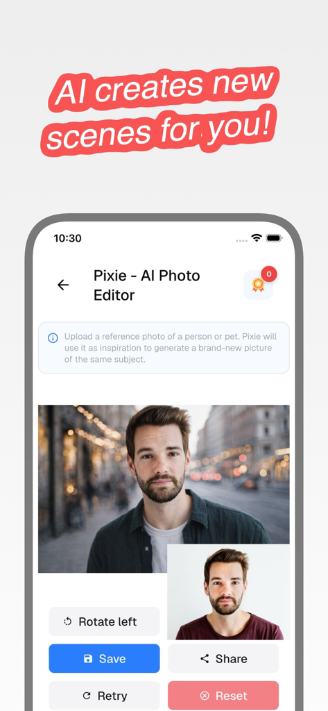 AI Photo Tattoo Editor Pixie app screenshot showing AI generated portrait scenes