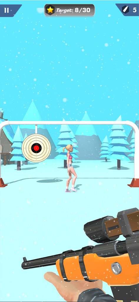 Shooting Master 3D Sniper Game - First person sniper view aiming at a target in a snowy landscape