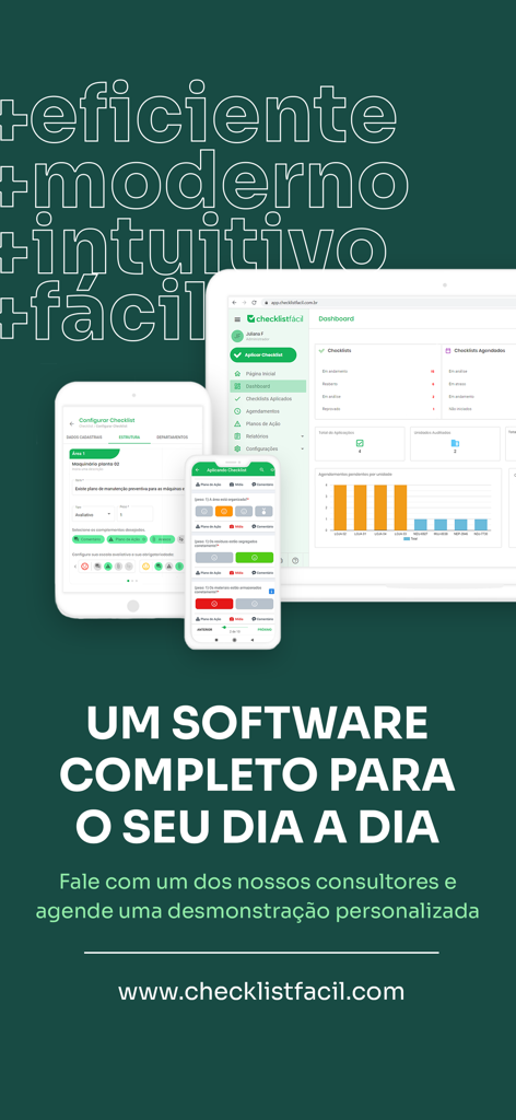 Checklist Facil app interface on tablet and smartphones showing business audit dashboards and management tools