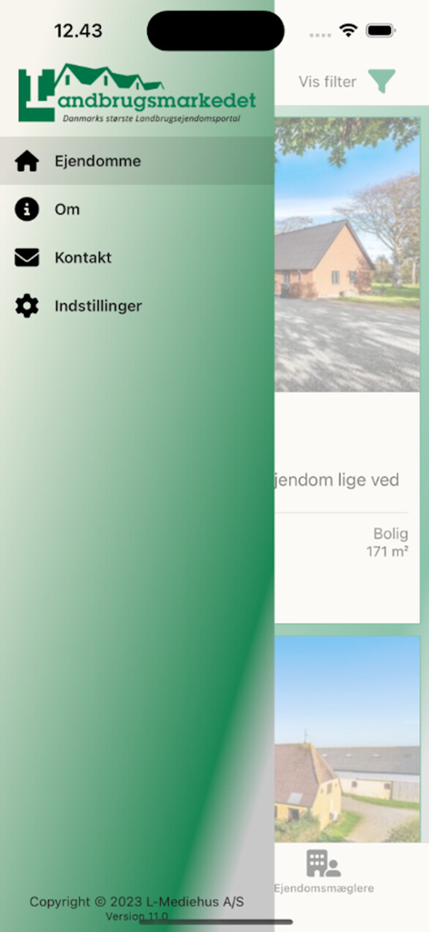 Landbrugsmarkedet - Menú de navegación lateral de la aplicación móvil Landbrugsmarkedet que muestra opciones de búsqueda de propiedades