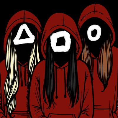 3 faceless people in hoodies with long hair stuffed in their hoodies with no bangs