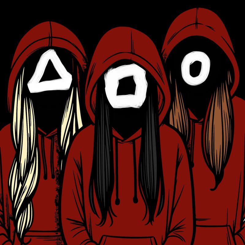 3 faceless people in hoodies with long hair stuffed in their hoodies with no bangs