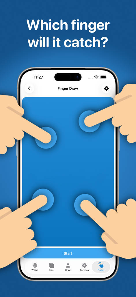 A screenshot of the Random Generator Premium app showing the Finger Draw feature with four hand icons touching a blue screen to make a random selection.