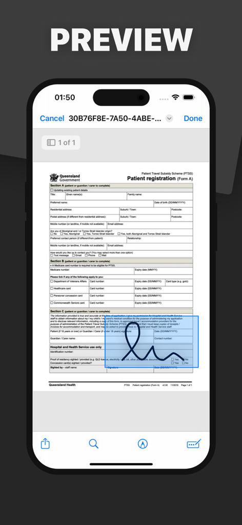 FAX from iPhone - Send Doc - Vista previa de un documento que se está firmando electrónicamente en un iPhone dentro de la interfaz de la aplicación de fax