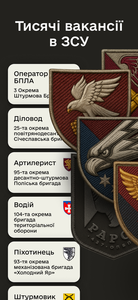 Interface of the Rezerv plus app showing a list of military job vacancies in the Armed Forces of Ukraine with unit patches.