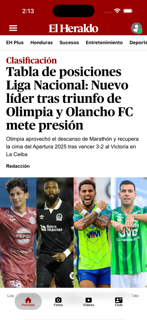 Diario El Heraldo Honduras - Sports news article in the El Heraldo Honduras app featuring soccer players and the Liga Nacional standings headline.