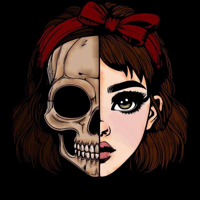 realistic girl with half skull mask