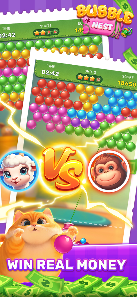 Bubble Nest game screen showing bubble shooter mechanics with cute animals and a win real money banner