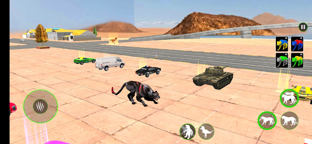 Animal City Rampage Games - Un personaje pantera en un entorno de ciudad abierto cerca de un tanque y coches en el juego Animal City Rampage.