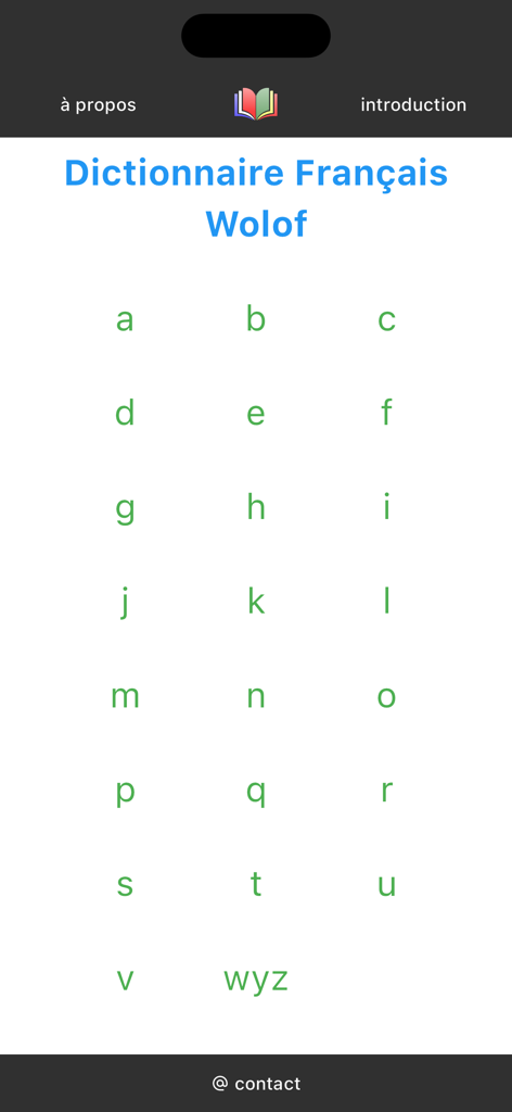 Schermata principale dell'app dizionario mobile francese wolof con una griglia alfabetica di lettere per la ricerca di parole.