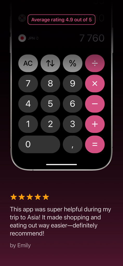 Captura de pantalla de la aplicación Convertidor de Divisas Super con una calculadora y una reseña positiva de un viajero