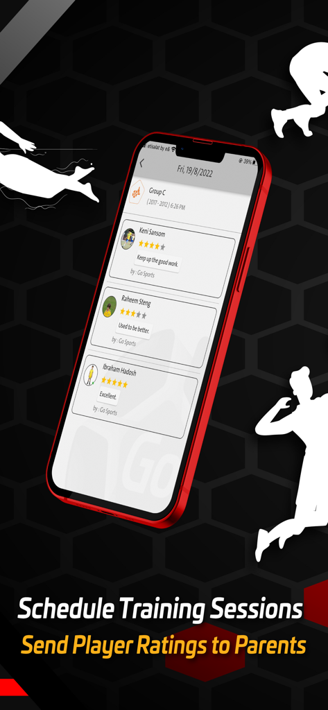 GoSports Network - Una pantalla de smartphone mostrando calificaciones y comentarios de jugadores dentro de la aplicación GoSports Network.