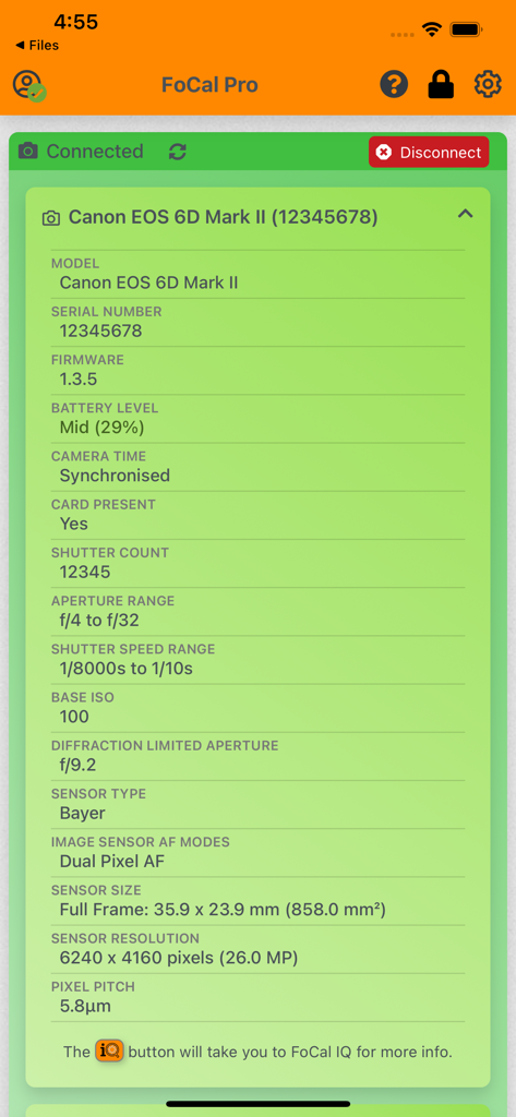 Datos técnicos de la cámara y estado de la conexión para una Canon EOS 6D Mark II en la aplicación FoCal Mobile