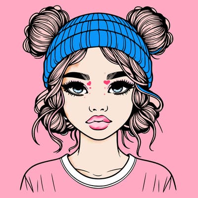 realistic girl with buns in her hair with a beanie on