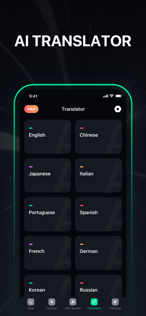 Chatify - AI Chat - Chatify AI Translator screen showing a grid of language translation options including English Chinese and Spanish