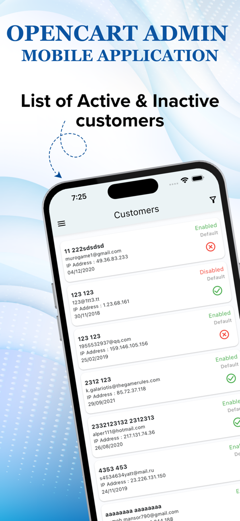 Opencart Admin Mobile App. - Opencart Admin Mobile App-Oberfläche, die eine Liste von aktiven und inaktiven Kunden mit Kontaktdaten anzeigt