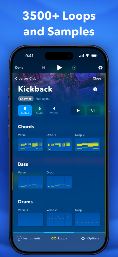 Interfaccia dell'app musicale Medly che mostra un progetto musicale organizzato in sezioni modulari per accordi, basso e batteria