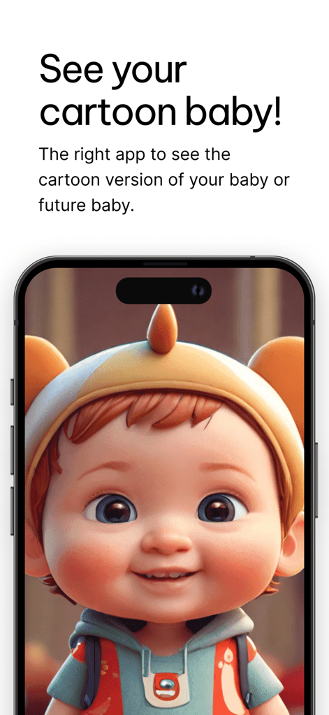 AI Baby Generator | Face Maker - A 3D rendered cartoon version of a baby face displayed on a smartphone screen using the AI generator app