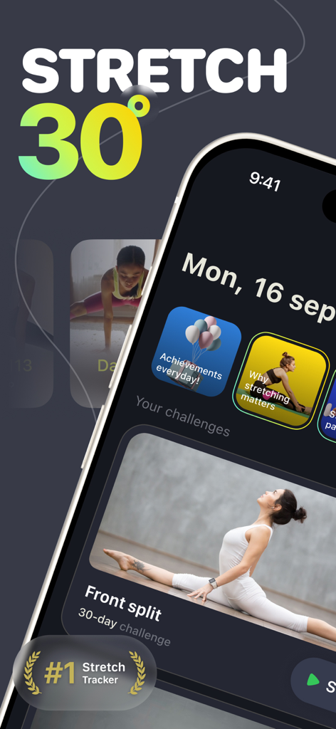 Interfaz de usuario de la aplicación Stretch 30 que muestra el desafío de 30 días de splits frontales y consejos de estiramiento