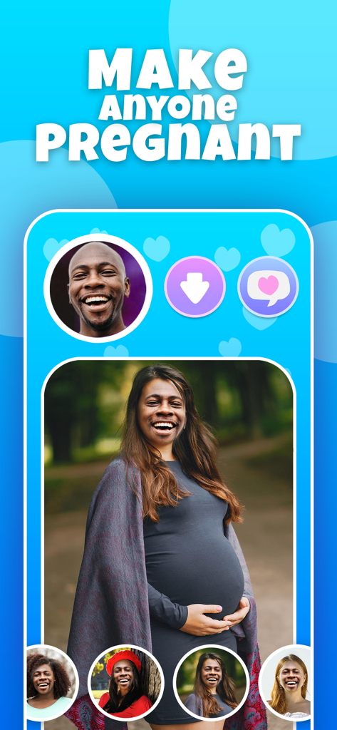 Make A Baby AI Future Face - AI prank filter showing a mans face swapped onto a pregnant womans body in the Make A Baby app