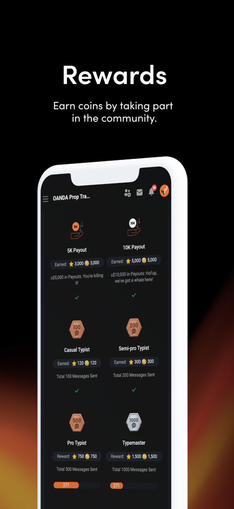 OANDA Prop Trader Community - OANDA Prop Trader Community app rewards screen showing milestone achievements and coin rewards