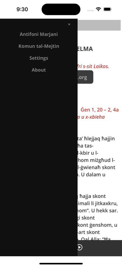 Il-Brevjar - Side navigation menu of the Il-Brevjar app displaying prayer categories and settings in Maltese