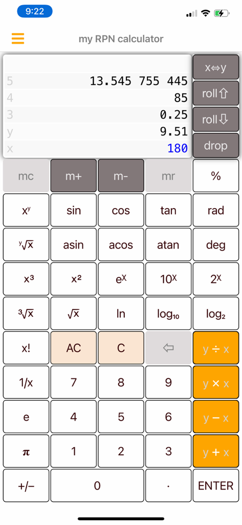 My RPN Calculator app display with multi level stack and scientific operations