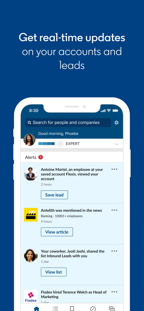 LinkedIn Sales Navigator app screen showing real-time updates on accounts and leads