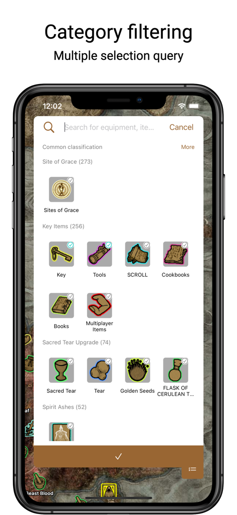 Elden Map - Interactive Map - Una interfaz móvil que muestra opciones de filtrado por categoría para objetos del juego en la aplicación Elden Map.