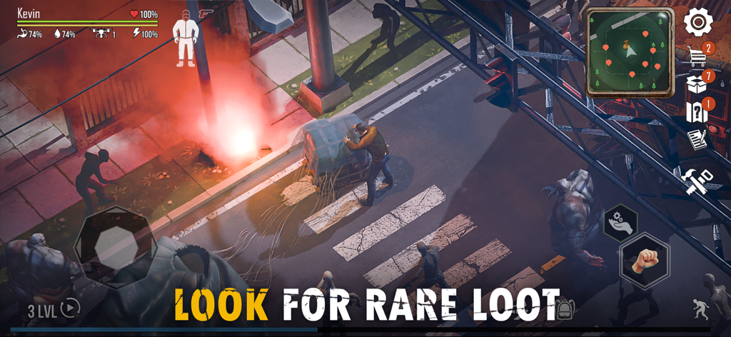 Live or Die 1: Zombie Survival - Personnage du joueur cherchant du butin rare dans une rue de ville infestée de zombies dans Live or Die 1 Zombie Survival.