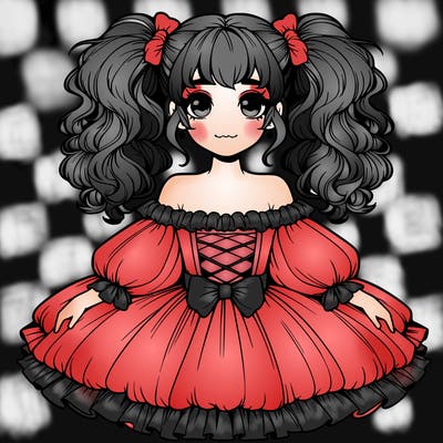 realistic girl in a big poofy dress with her hair up in high pigtails
