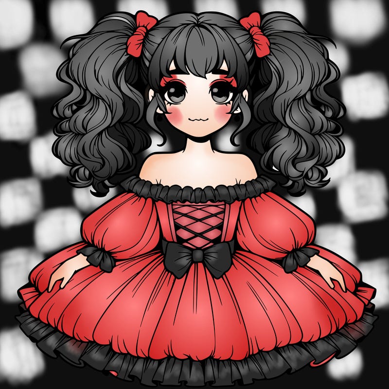 realistic girl in a big poofy dress with her hair up in high pigtails