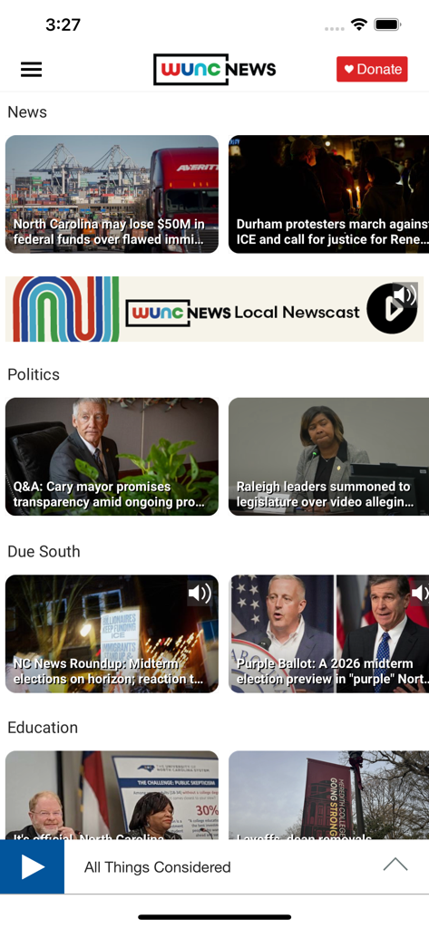 WUNC - WUNC North Carolina Public Radio app interface showing news categories and a live audio player