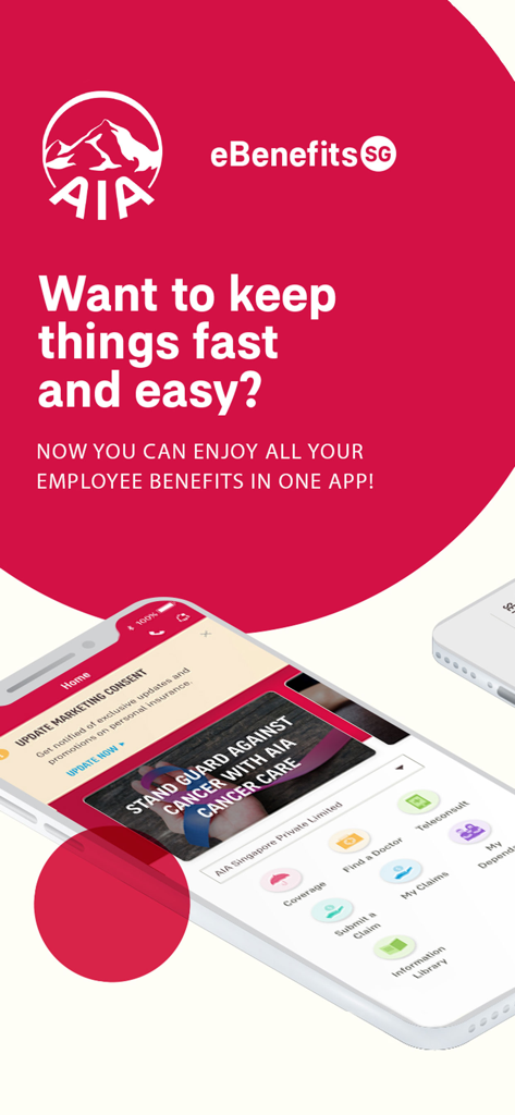 Tela promocional do aplicativo AIA eBenefits SG mostrando o painel inicial em um smartphone